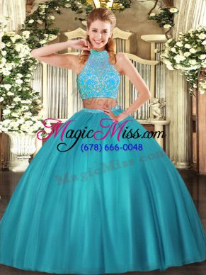 Spectacular Aqua Blue Two Pieces Beading Quinceanera Gowns Criss Cross Tulle Sleeveless Floor Length