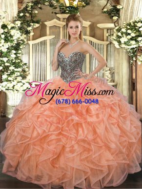 Latest Orange Sleeveless Organza Lace Up Quinceanera Dress for Military Ball and Sweet 16 and Quinceanera
