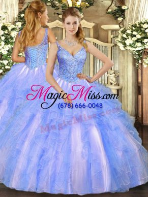V-neck Sleeveless Quince Ball Gowns Floor Length Beading and Ruffles Blue Tulle