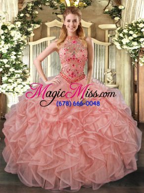 Peach Halter Top Lace Up Beading and Embroidery and Ruffles Vestidos de Quinceanera Sleeveless