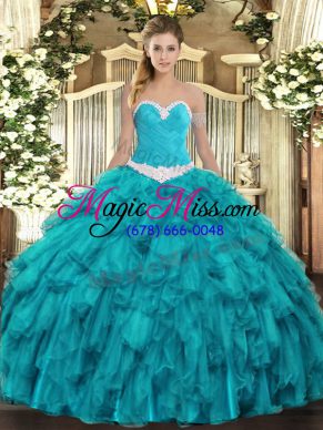 Teal Ball Gowns Sweetheart Sleeveless Organza Floor Length Lace Up Appliques and Ruffles Quinceanera Dress