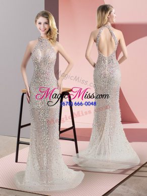 Exceptional Champagne Mermaid Halter Top Sleeveless Tulle Sweep Train Backless Beading Prom Dresses