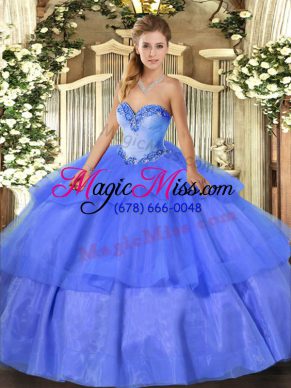 Glittering Blue Tulle Lace Up Ball Gown Prom Dress Sleeveless Floor Length Beading and Ruffled Layers