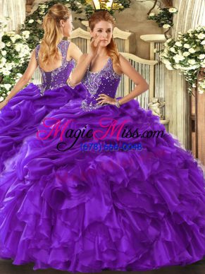 Artistic Straps Sleeveless Sweet 16 Dresses Floor Length Beading and Ruffles and Pick Ups Purple Organza