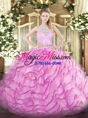 Rose Pink Two Pieces Lace and Ruffled Layers Vestidos de Quinceanera Zipper Tulle Sleeveless