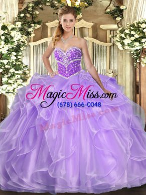 Lavender Ball Gowns Beading and Ruffles 15th Birthday Dress Lace Up Organza Sleeveless Floor Length