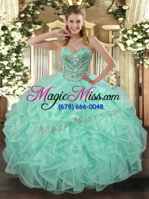 Apple Green Ball Gowns Sweetheart Sleeveless Tulle Floor Length Lace Up Beading and Ruffles Quince Ball Gowns