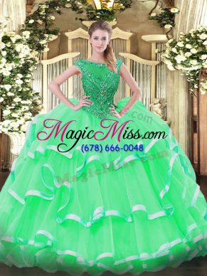 Floor Length Lace Up Quinceanera Gowns Apple Green for Sweet 16 and Quinceanera with Beading and Ruffled Layers