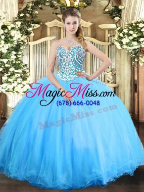 Aqua Blue Lace Up Quinceanera Gown Beading Sleeveless Floor Length