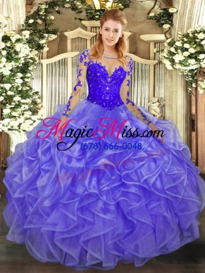 Scoop Long Sleeves Quinceanera Dress Floor Length Lace and Ruffles Lavender Organza