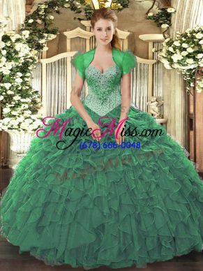 Most Popular Green Quinceanera Gowns Military Ball and Sweet 16 and Quinceanera with Beading and Ruffles Sweetheart Sleeveless Lace Up