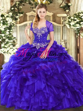 Sexy Purple Sleeveless Floor Length Beading and Ruffles and Pick Ups Lace Up Vestidos de Quinceanera