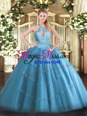 Captivating Floor Length Baby Blue 15th Birthday Dress Tulle Sleeveless Beading