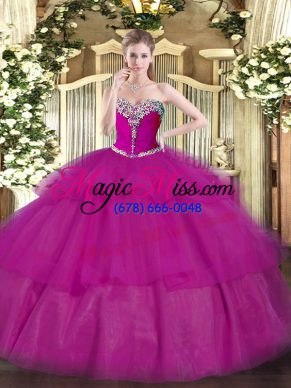 Glamorous Fuchsia Quinceanera Gowns Military Ball and Sweet 16 and Quinceanera with Beading and Ruffled Layers Sweetheart Sleeveless Lace Up