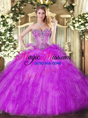 Custom Made Beading and Ruffles 15th Birthday Dress Fuchsia Lace Up Sleeveless Floor Length