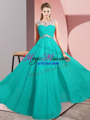Captivating Chiffon Scoop Sleeveless Clasp Handle Beading Prom Gown in Turquoise
