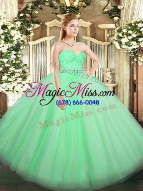 Fashionable Sleeveless Floor Length Beading and Lace Zipper Ball Gown Prom Dress with Apple Green