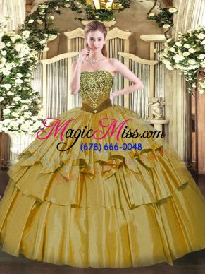 Elegant Floor Length Lace Up Sweet 16 Dresses Brown for Military Ball and Sweet 16 and Quinceanera with Beading and Ruffled Layers