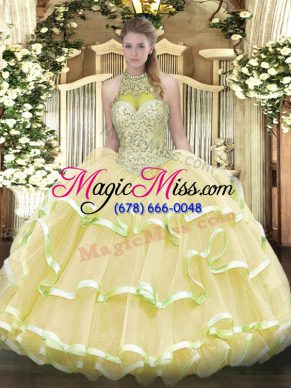 Light Yellow Sleeveless Organza and Tulle Lace Up Quince Ball Gowns for Military Ball and Sweet 16 and Quinceanera