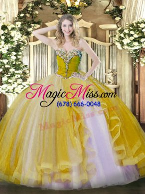 Gold Ball Gowns Beading and Ruffles Ball Gown Prom Dress Lace Up Tulle Sleeveless Floor Length