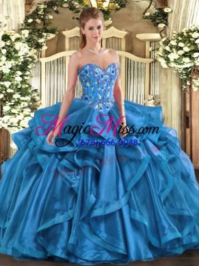 Nice Blue Sleeveless Embroidery and Ruffles Floor Length Sweet 16 Dresses