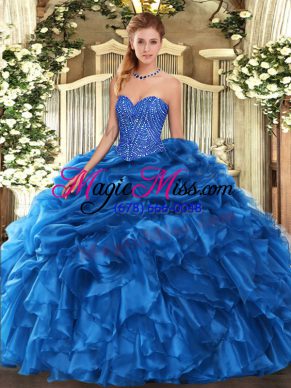 Trendy Floor Length Blue Ball Gown Prom Dress Sweetheart Sleeveless Lace Up