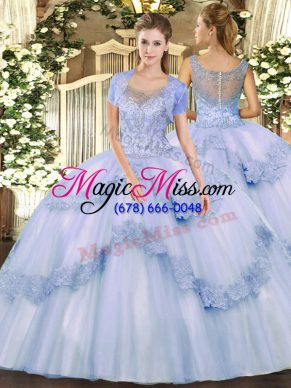 Spectacular Tulle Scoop Sleeveless Clasp Handle Beading and Appliques Quince Ball Gowns in Lavender