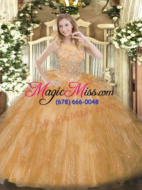 Gold Ball Gowns Scoop Sleeveless Tulle Floor Length Zipper Beading and Ruffles Quince Ball Gowns