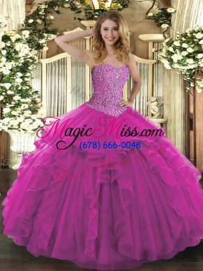Fuchsia Ball Gowns Beading and Ruffles Vestidos de Quinceanera Lace Up Tulle Sleeveless Floor Length