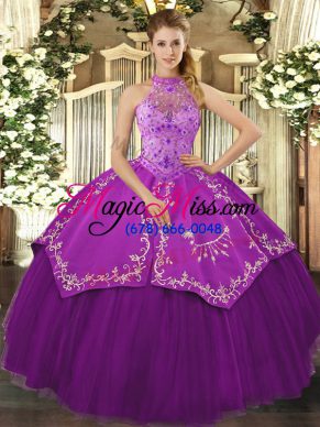 Satin and Tulle Halter Top Sleeveless Lace Up Beading and Embroidery Sweet 16 Dress in Eggplant Purple