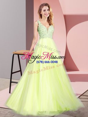 Sweet Floor Length Light Yellow Prom Dresses Tulle Sleeveless Lace