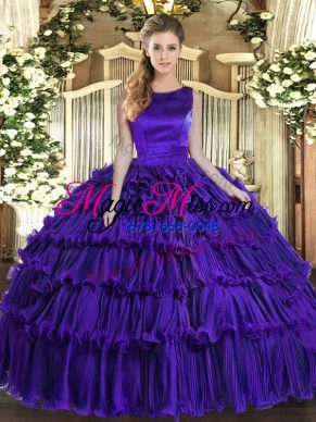 Spectacular Floor Length Lace Up Quinceanera Dress Purple for Military Ball and Sweet 16 and Quinceanera with Ruffled Layers