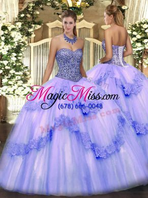 Graceful Lavender Sweetheart Neckline Beading and Appliques and Ruffles Ball Gown Prom Dress Sleeveless Lace Up