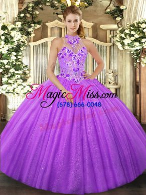 Customized Halter Top Sleeveless Quinceanera Gown Floor Length Beading Lavender Tulle