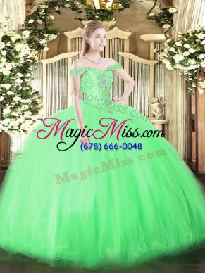 Sleeveless Tulle Floor Length Lace Up Ball Gown Prom Dress in with Beading