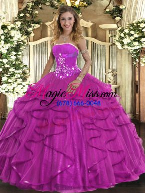 Fuchsia Strapless Lace Up Beading and Ruffles Quinceanera Dress Sleeveless