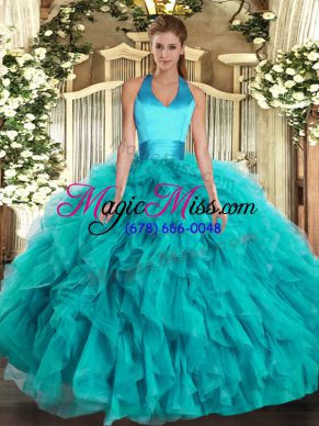 Romantic Turquoise Organza Lace Up Halter Top Sleeveless Floor Length Sweet 16 Dress Ruffles