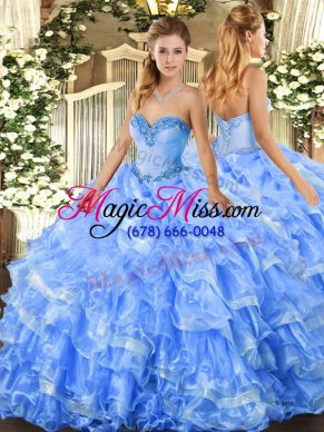 Romantic Baby Blue Sleeveless Organza Lace Up Quinceanera Dress for Military Ball and Sweet 16 and Quinceanera