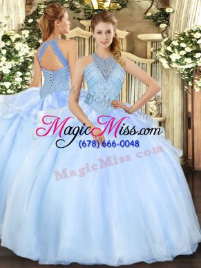Ball Gowns Quinceanera Dress Light Blue Halter Top Organza Sleeveless Floor Length Lace Up