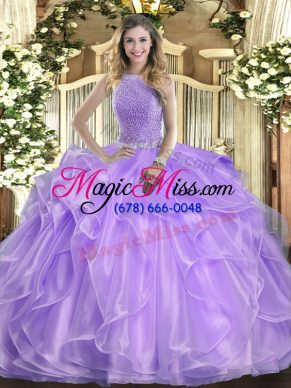 Fancy Lavender Organza Lace Up High-neck Sleeveless Floor Length Sweet 16 Dress Beading and Ruffles