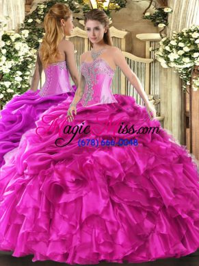 Perfect Hot Pink Ball Gowns Organza Sweetheart Sleeveless Beading and Ruffles and Pick Ups Floor Length Lace Up Quinceanera Dress