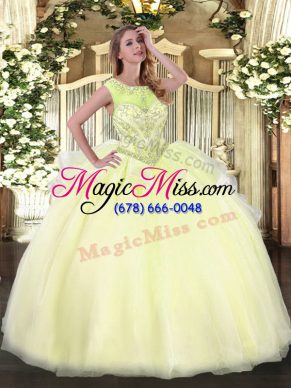 Sweet Light Yellow Ball Gowns Organza Scoop Sleeveless Beading Floor Length Lace Up 15 Quinceanera Dress