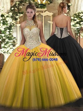 Gold Lace Up Halter Top Beading Quinceanera Dresses Tulle Sleeveless