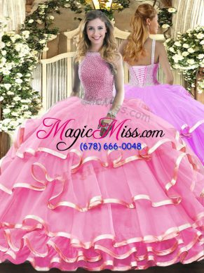 Cute Beading and Ruffled Layers Sweet 16 Dress Rose Pink Lace Up Sleeveless Floor Length