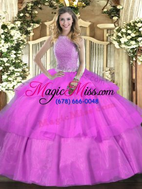 Stylish Lilac Ball Gowns Beading and Ruffled Layers Quince Ball Gowns Lace Up Tulle Sleeveless Floor Length