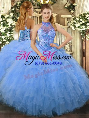Baby Blue Ball Gowns Beading and Ruffles Ball Gown Prom Dress Lace Up Organza Sleeveless Floor Length