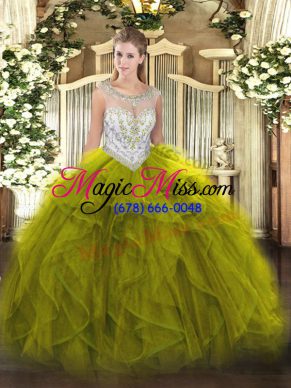 Flare Olive Green Sleeveless Floor Length Beading and Ruffles Zipper Sweet 16 Dresses