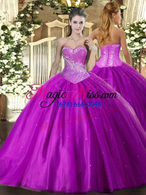 Purple Ball Gowns Sweetheart Sleeveless Tulle Floor Length Lace Up Beading Quinceanera Dress