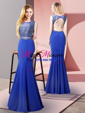 Royal Blue Sleeveless Elastic Woven Satin Backless Prom Dress for Prom and Party