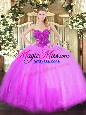 Sleeveless Tulle Floor Length Lace Up Quince Ball Gowns in Lilac with Beading